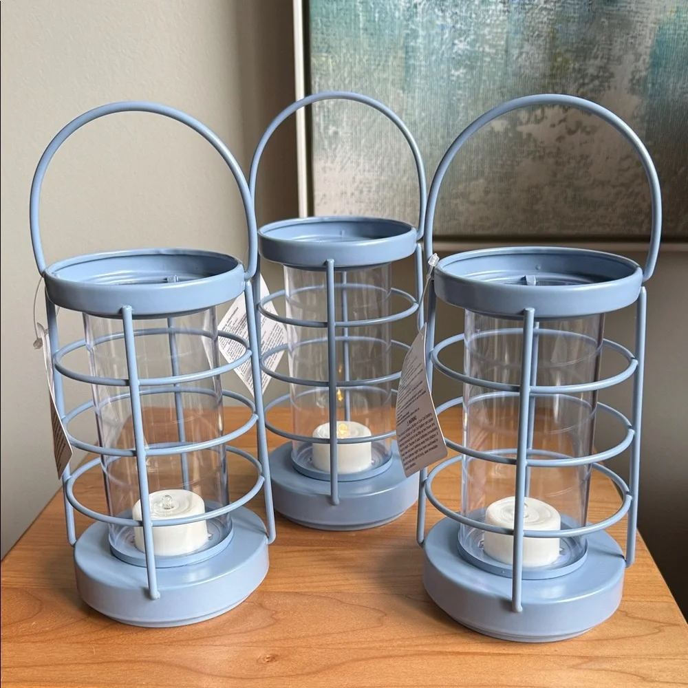 NWT Set of 3 Target Bullseye Playground Nautical Metal Coastal Blue Lanterns